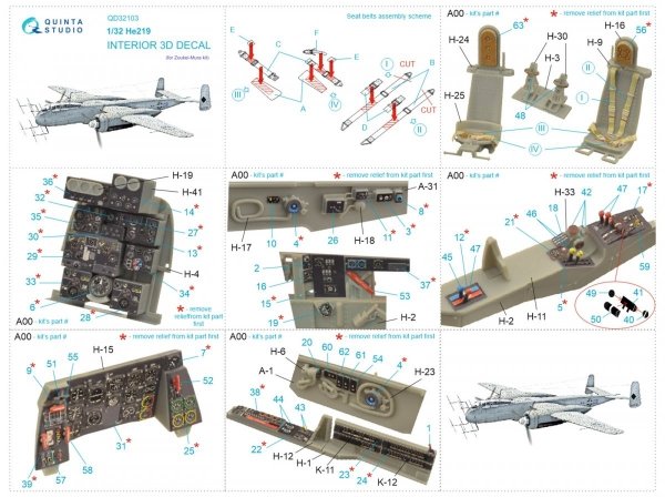 Quinta Studio QD32103 He 219 3D-Printed &amp; coloured Interior on decal paper ( ZM SWS ) 1/32