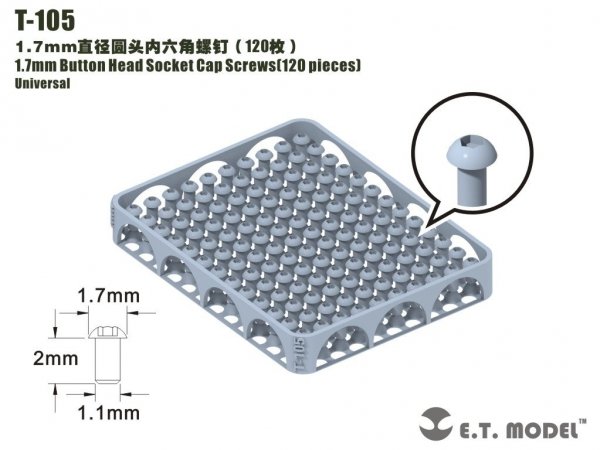 E.T. Model T-105 1.7mm Button Head Socket Cap Screws 120 pieces