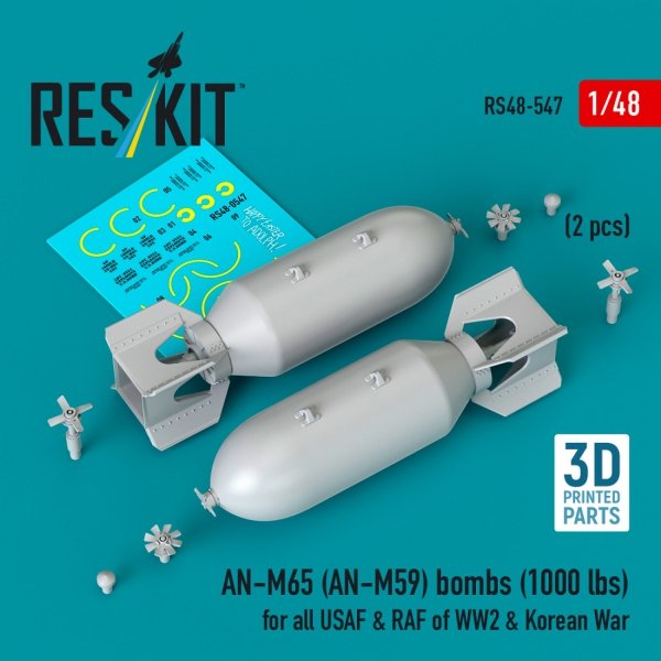 RESKIT RS48-0547 AN-M65 (AN-M59) bombs (2 pcs) (1000 lbs) for all USAF &amp; RAF of WW2 &amp; Korean War (3D Printed) 1/48
