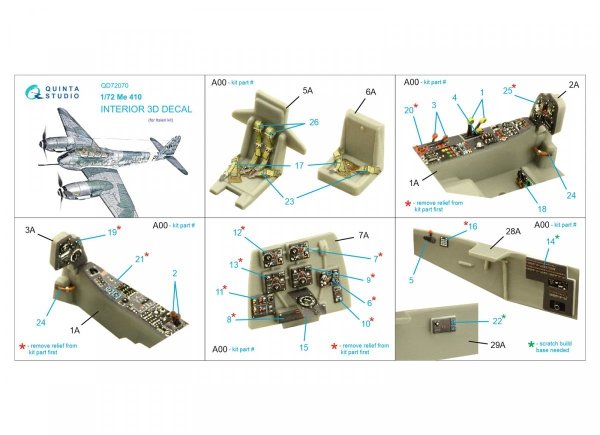 Quinta Studio QD72070 Me 410 3D-Printed &amp; coloured Interior on decal paper (Italeri) 1/72