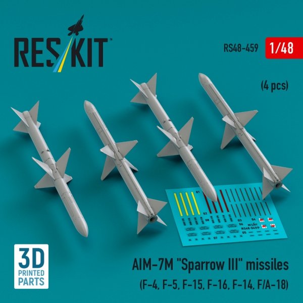 RESKIT RS48-0459 AIM-7M &quot;Sparrow III&quot; missiles (4 pcs) (3D Printed) 1/48