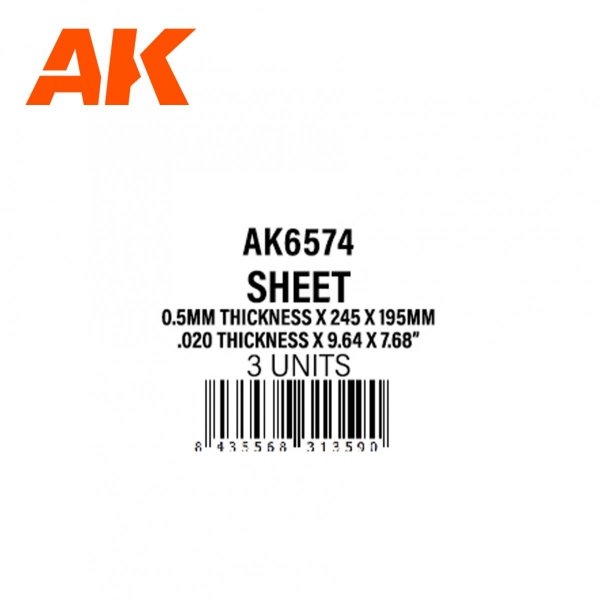 AK Interactive AK6574 0.5MM THICKNESS X 245 X 195MM – STYRENE SHEET – (3 UNITS)