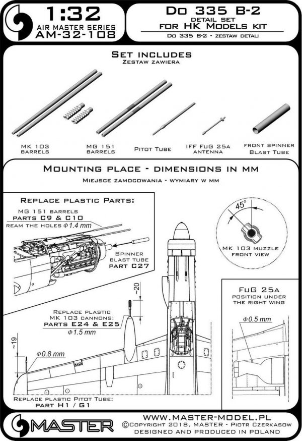 Master AM-32-108 Do 335 B-2 – zestaw detali – MG 151, końcówka MK-103, antena FuG 25a, rurka Pitota (do HK Models) (1:32)