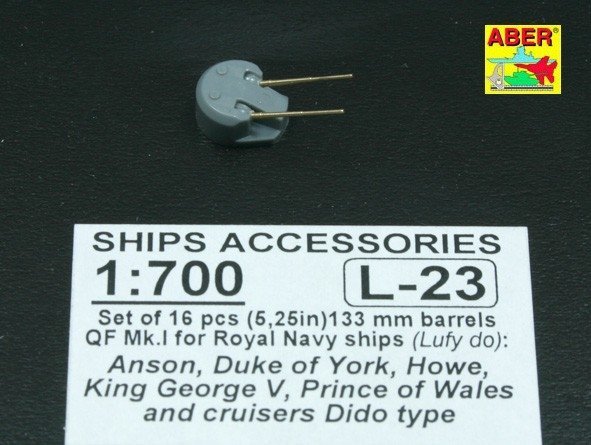 Aber 1:700L-23 Set of 16 pcs 133mm (5,25in) barrels QF Mk.1 for Royal Navy King George V class battleships cruisers Dido type 1/700