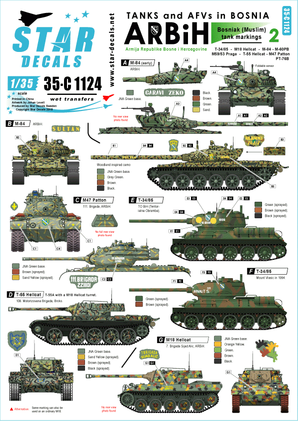 Star Decals 35-C1124 ARBiH (Muslim). T-34/85, M18 Hellcat, T-55/Hellcat, M-84, M-60PB, M53/59 Praga, PT-76B, M47 Patton 1/35