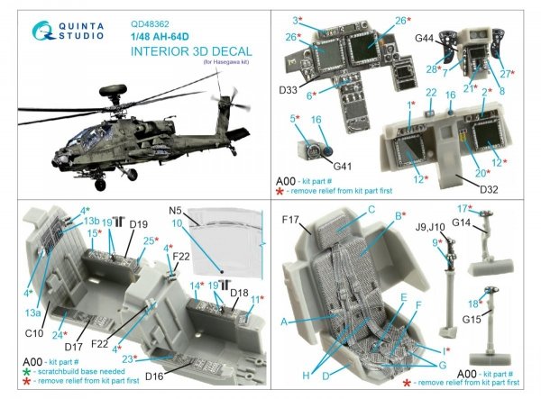 Quinta Studio QD48362 AH-64D 3D-Printed &amp; coloured Interior on decal paper (Hasegawa) 1/48
