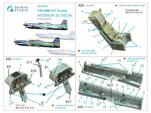 Quinta Studio QD48437 EMB-312 Tucano 3D-Printed coloured Interior on decal paper (Hobby Boss) 1/48