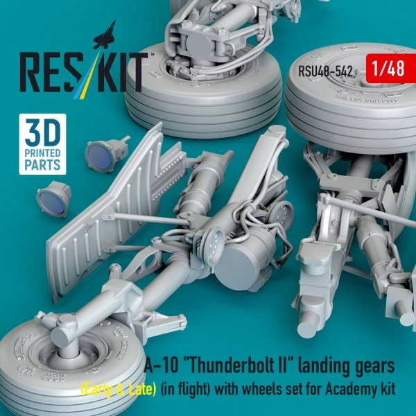 RESKIT RSU48-0542 A-10 "Thunderbolt II" landing gears (Early &amp; Late) (in flight) with wheels set for Academy kit (3D Printed) 1/48