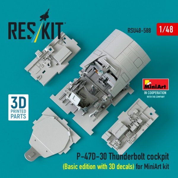RESKIT RSU48-0588 P-47D-30 Thunderbolt cockpit (Basic edition with 3D decals) for MiniArt kit (3D Printed) (1/48)
