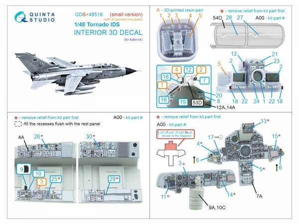 Quinta Studio QDS+48518 Tornado IDS 3D-Printed coloured Interior on decal paper (Italeri) (small version) (with 3D-printed resin parts) 1/48