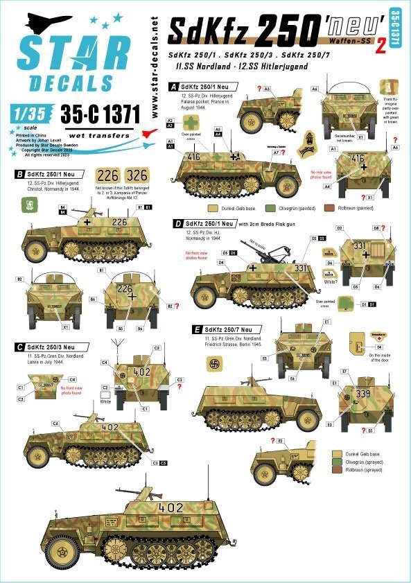 Star Decals 35-C1371 SdKfz 250 neu 2 SdKfz 250/1, SdKfz 250/3 and SdKfz 250/7 - Waffen-SS markings 1/35