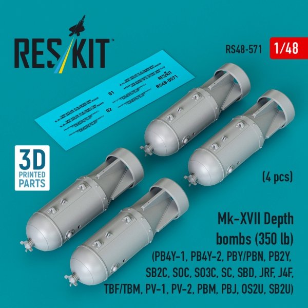 RESKIT RS48-0571 Mk-XVII Depth bombs (350 lb) (4 pcs) (PB4Y-1, PB4Y-2, PBY/PBN, PB2Y, SB2C, SOC, SO3C, SC, SBD, JRF, J4F, TBF/TBM, PV-1, PV-2, PBM, PBJ, OS2U, SB2U ) (3D Printed) (1/48)