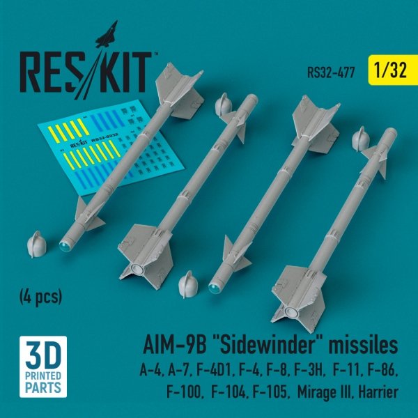 RESKIT RS32-0477 AIM-9B &quot;Sidewinder&quot; missiles (4 pcs) (3D Printed) 1/32