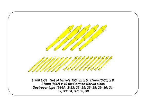 Aber 1:700L-34 Set of Barrels for Narvic classe destroyers type 1936A: 150mm x 5; 37mm x 8; 37mm(M42) x 10; 1/700