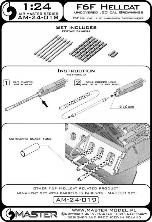 Master AM-24-018 F6F Hellcat - uzbrojenie typ wczesny (km-y Browning .50 cal z perforowaną chłodnicą) 1/24