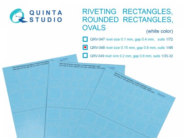 Quinta Studio QRV-048 Riveting rectangles, rounded rectangles and ovals (rivet size 0.15 mm, gap 0.6 mm, suits 1/48), White color 1/48