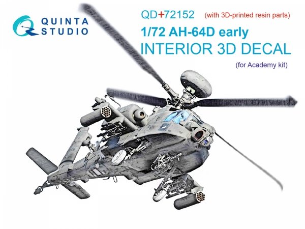 Quinta Studio QD+72152 AH-64D early 3D-Printed coloured Interior on decal paper (Academy)(with 3D-printed resin part) 1/72