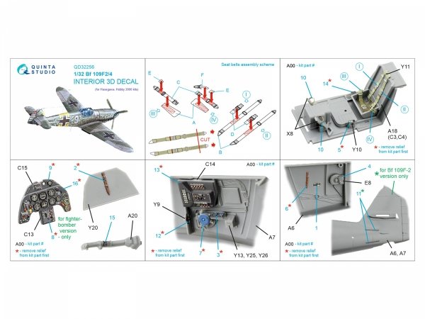 Quinta Studio QD32256 Bf 109F2/F4 3D-Printed &amp; coloured Interior on decal paper (Hasegawa) 1/32