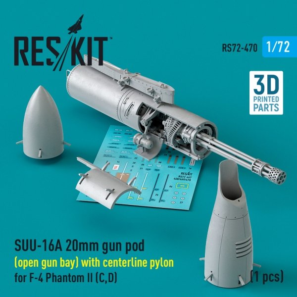 RESKIT RS72-0470 SUU-16A 20mm gun pod (open gun bay) with centerline pylon for F-4 Phantom II (C,D) (1 pcs) (3D Printed) 1/72