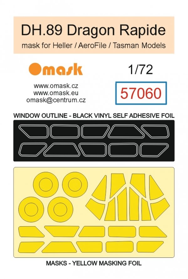 Omask 57060 DH.89 Dragon Rapide Mask (for Heller / AeroFile / Tasman Models) yellow masking tape 1/72
