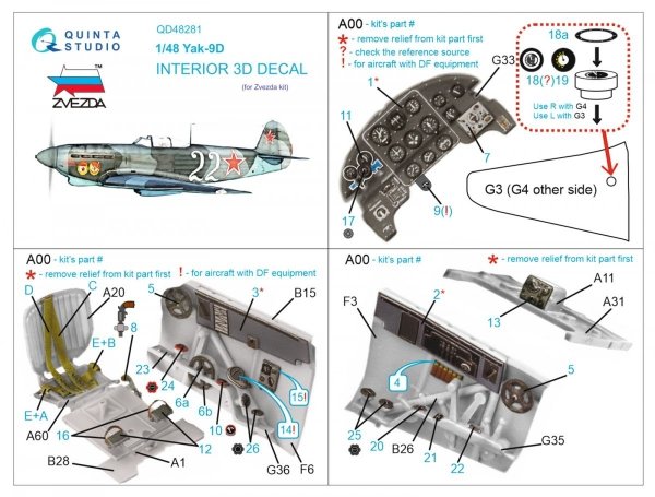 Quinta Studio QD48281 Yak-9D 3D-Printed &amp; coloured Interior on decal paper ( Zvezda ) 1/48