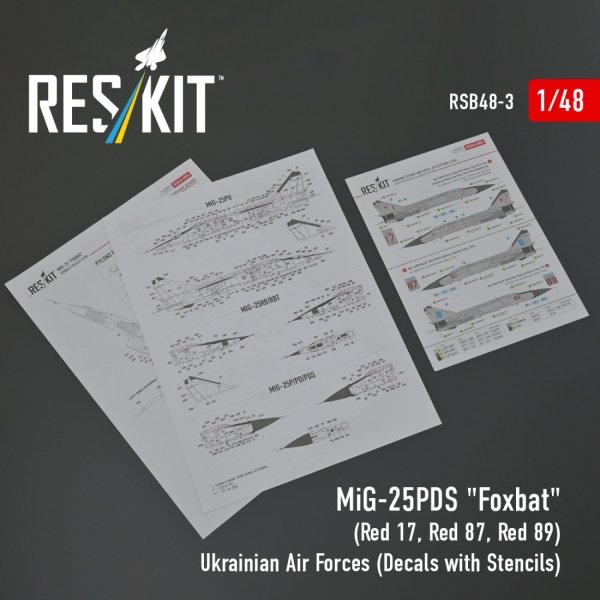 RESKIT RSB48-0003 MiG-25PDS "Foxbat" (Red 17, Red 87, Red 89) Ukrainian Air Forces (Decals with Stencils) 1/48