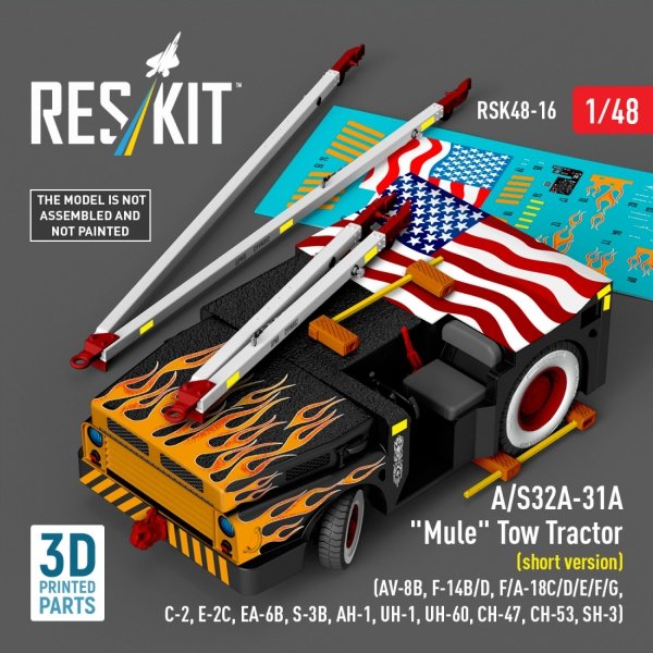 RESKIT RSK48-0016 A/S32A-31A "Mule" Tow Tractor (short version) (AV-8B, F-14B/D, F/A-18C/D/E/F/G, C-2, E-2С, EA-6B, S-3B, AH-1, UH-1, UH-60, CH-47, CH-53, SH-3) (3D Printed model kit) (1/48)