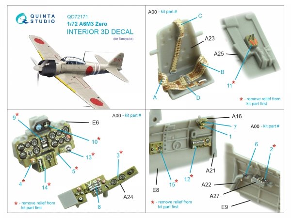 Quinta Studio QD72171 A6M3 Zero 3D-Printed &amp; coloured Interior on decal paper (Tamiya) 1/72