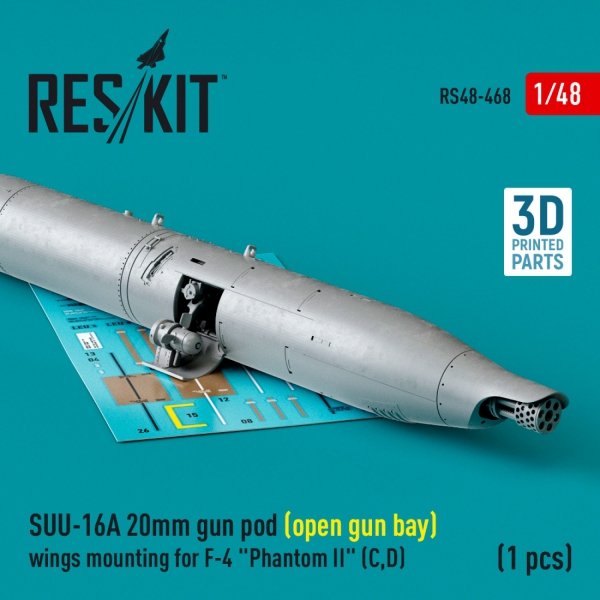 RESKIT RS48-0468 SUU-16A 20mm gun pod (open gun bay) wings mounting for F-4 Phantom II (C,D) (1 pcs) (3D Printed) 1/48