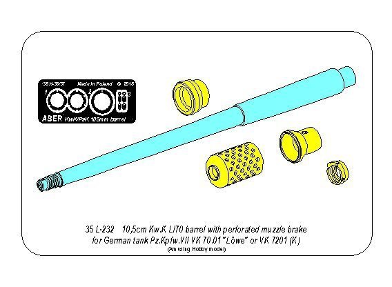 Aber 35l-232 10,5cm KwK L/70 barrel with perforated muzzle brake for German Pz.Kpfw. VII Lowe or VK 7201(K) 1:35