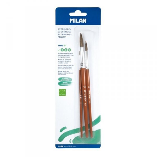 MILAN 10459 Blister pack 3 round brushes (natural + synthetic) 101 series no 2, 8, 12