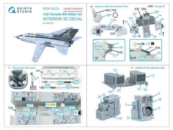 Quinta Studio QDS+32230 Tornado IDS Italian 3D-Printed &amp; coloured Interior on decal paper (Italeri) (Small version) (with 3D-printed resin parts) 1/32