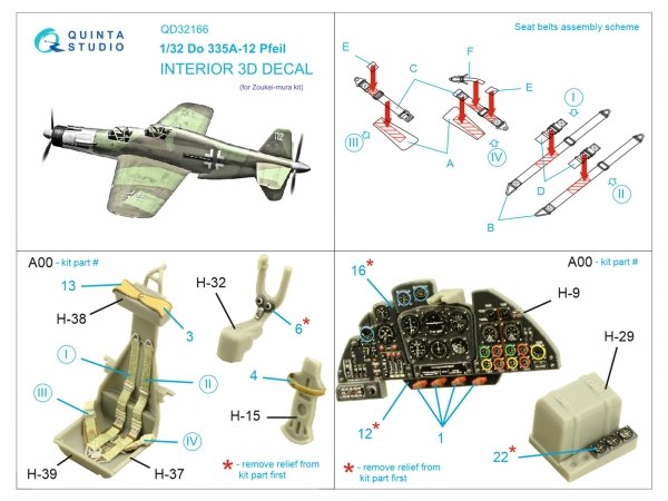 Quinta Studio QD32166 Do 335A-12 3D-Printed &amp; coloured Interior on decal paper (Zoukei-Mura) 1/32