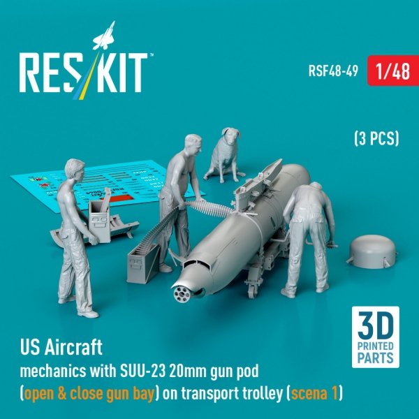RESKIT RSF48-0049 US Aircraft mechanics with SUU-23 20mm gun pod  (open &amp; close gun bay) on transport trolley (scene 1) (3 pcs) (3D Printed) (1/48)