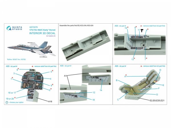 Quinta Studio QD72076 F/A-18A/C early 3D-Printed &amp; coloured Interior on decal paper (Academy) 1/72
