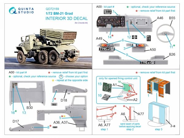 Quinta Studio QD72159 BM-21 Grad 3D-Printed coloured Interior on decal paper (Zvezda) 1/72