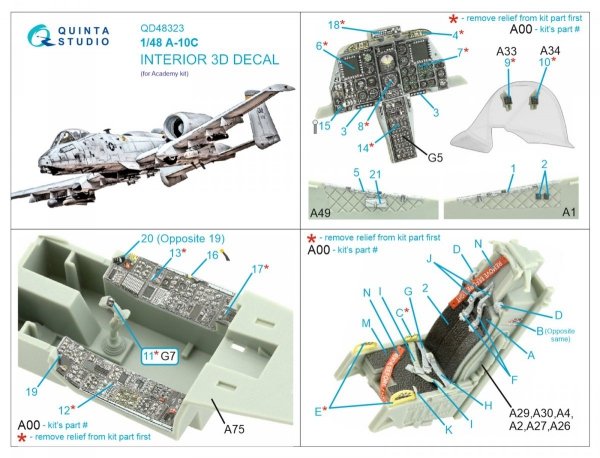 Quinta Studio QD48323 A-10C 3D-Printed &amp; coloured Interior on decal paper (Academy) 1/48
