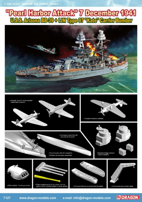 Dragon 7127 U.S.S. Arizona BB-39 + IJN Type 97 Kate Carrier Bomber Pearl Harbor Attack 7 December 1941 1/700