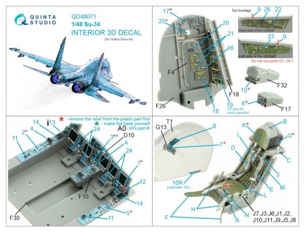 Quinta Studio QD48071 Su-34 3D-Printed &amp; coloured Interior on decal paper (HobbyBoss) 1/48