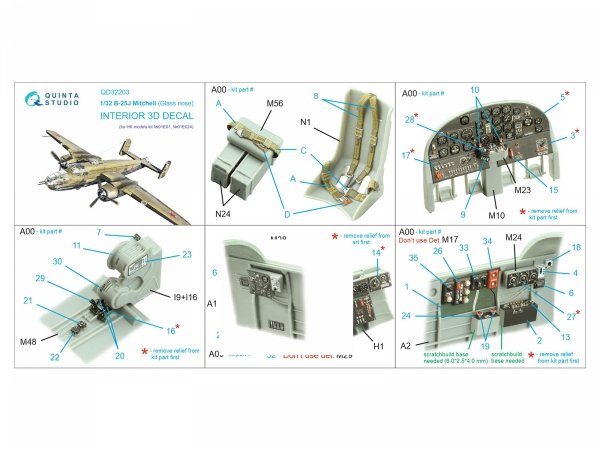 Quinta Studio QD32203 B-25J Mitchell Glass nose 3D-Printed &amp; coloured Interior on decal paper (HK models) 1/32