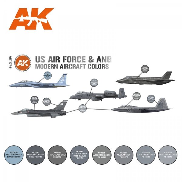 AK Interactive AK11746 US AIR FORCE &amp; ANG MODERN AIRCRAFT COLORS 8x17 ml