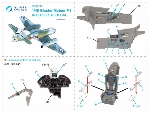 Quinta Studio QD48246 Meteor F.8 3D-Printed &amp; coloured Interior on decal paper (Airfix) 1/48