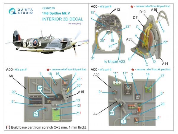 Quinta Studio QD48136 Spitfire Mk.V 3D-Printed &amp; coloured Interior on decal paper (Tamiya) 1/48