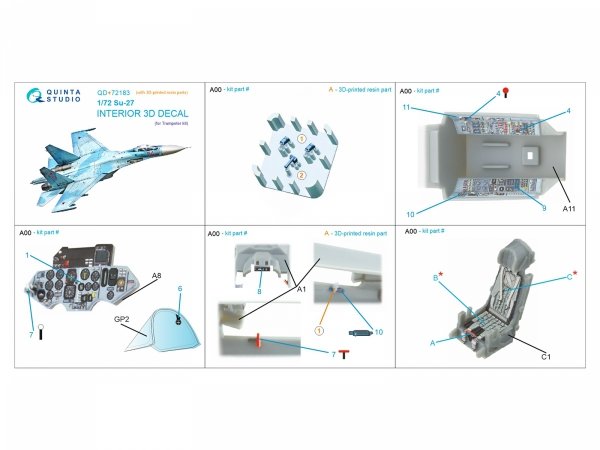 Quinta Studio QD+72183 Su-27 3D-Printed &amp; coloured Interior on decal paper (Trumpeter) (with 3D-printed resin part) 1/72