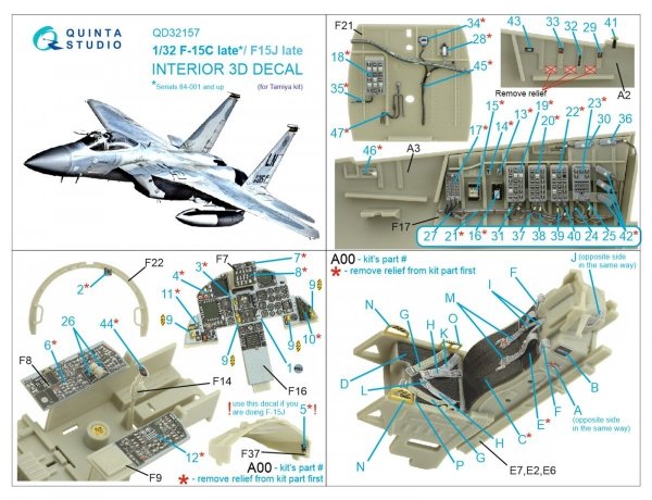 Quinta Studio QD32157 F-15C Late/F-15J late 3D-Printed &amp; coloured Interior on decal paper (Tamiya) 1/32