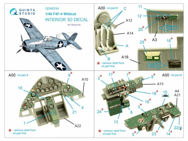 Quinta Studio QD48334 F4F-4 Wildcat 3D-Printed &amp; coloured Interior on decal paper (Tamiya) 1/48