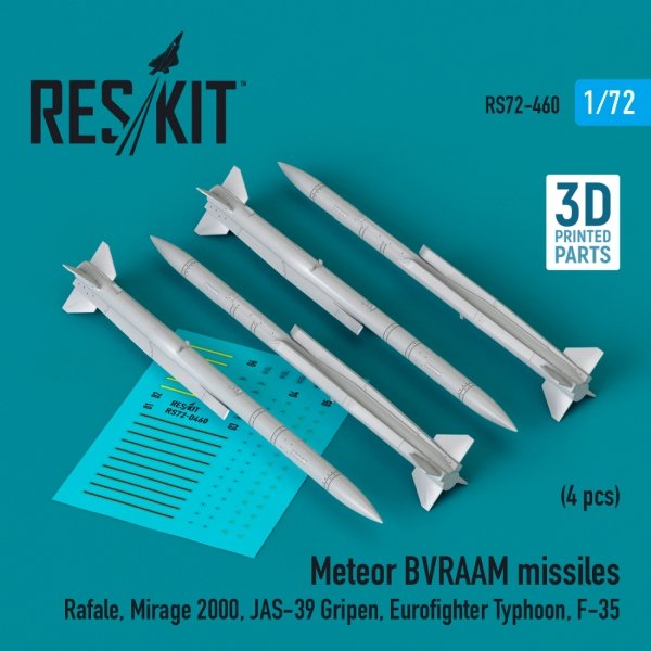 RESKIT RS72-0460 Meteor BVRAAM missiles (4 pcs) (3D Printed) 1/72