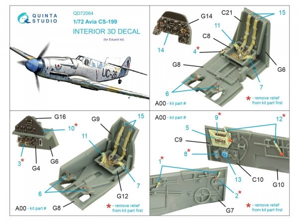 Quinta Studio QD72064 Avia CS-199 3D-Printed &amp; coloured Interior on decal paper (Eduard) 1/72