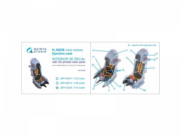 Quinta Studio QR+72038 K-36DM (initial release) ejection seat (for Su-17M3/M4/UM3/22, Su-24, MiG-29 9-12 Early aircraft) (All kits) 1/72