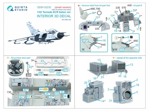 Quinta Studio QD+32232 Tornado ECR Italian 3D-Printed &amp; coloured Interior on decal paper (Italeri) (with 3D-printed resin parts) 1/32